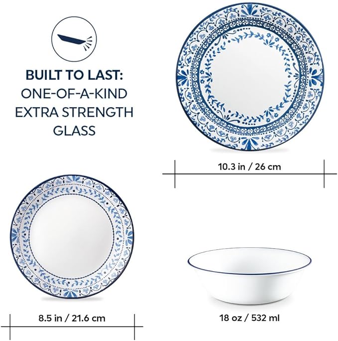 Corelle Vitrelle Glass Dinnerware Set Chip &amp Crack Resistant Triple Layer Glass 12-PC Dinnerware Set Portofino