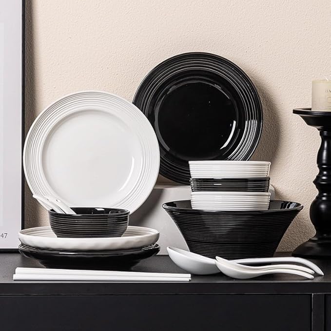 62Pcs Dinnerware Sets Cream Style Ceramic Bowls Plates Dishes Minimalist Tableware Set for Home Kitchen Housewarming Gift Simple