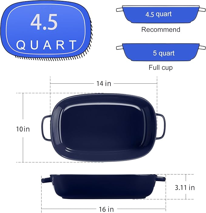 4.5 Quart Ceramic Baking DishServing Bakeware for CasseroleLasagnaGratinBroilingRoastingand Baking.Large Deep 14x10x3.11 inches PanSafe for Oven Microwave Refrigerator Disinfection Cabinet and