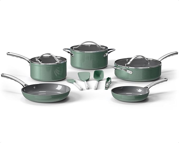 Bakken 12-Piece Aluminum Cookware Set with Ceramic Nonstick Coating PTFE &amp PFAS Free All Stovetop Safe Up To 500°F Pots and Pans Set with Lids Silicone Utensils Included Dishwasher Safe Gree