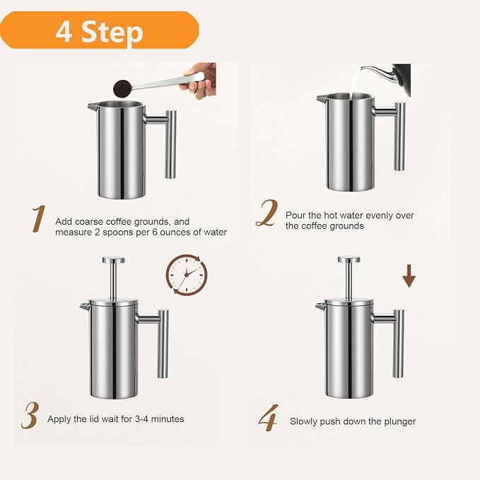 Stainless Steel French Press Coffee Maker 1500ml Double-Wall Insulated Large French Coffee Press for travel campingLarge Capacity （50oz Silver）