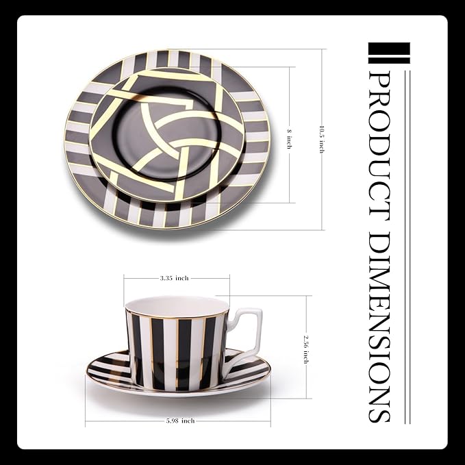 8 Piece Bone China Dinnerware Set Black - White Gold Geometric dishes set with Coffee Cup Oven &amp Dishwasher Compatible