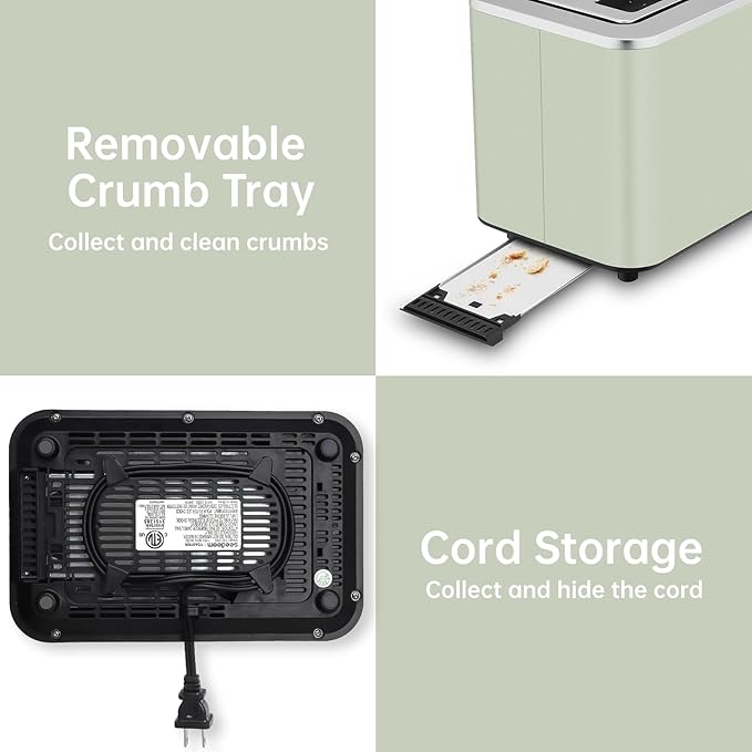 SEEDEEM Toaster 2 Slice Touch Control Screen Smart Stainless Toaster 6 Shade Setting 6 Bread Selection Countdown Removable Crumb Tray 900W Mint Green