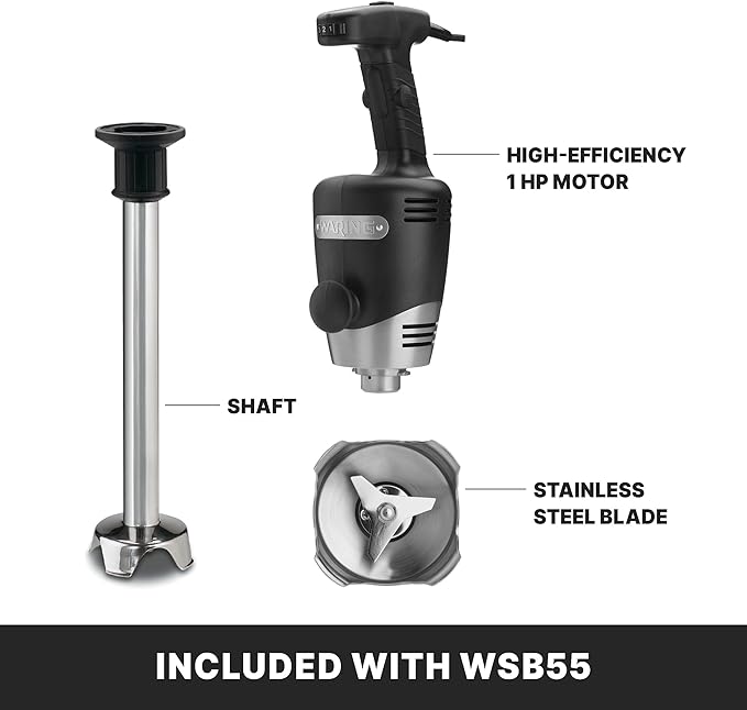 Waring Commercial Big Stix Heavy Duty Stick Immersion Hand Held Blender 14 Removable Shaft 1 HP 750 Watt Variable Speed Motor Professional Restaurant Grade 15 Gal Capacity 120V 5-15P WSB55 B