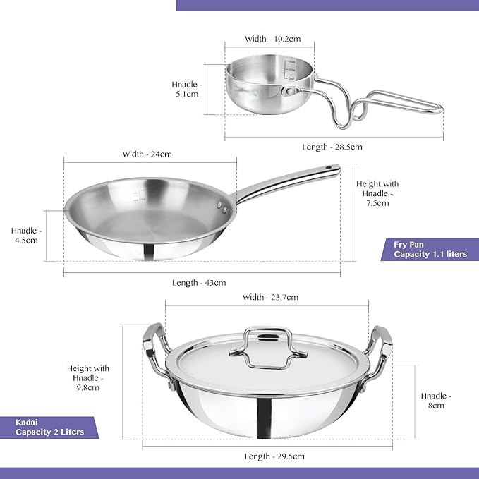 Stainless Steel Cookware Set 4 Pieces 22cm Kadai with Lid 22cm Frypan 10cm Tadka Pan Induction and Gas Stove Compatible