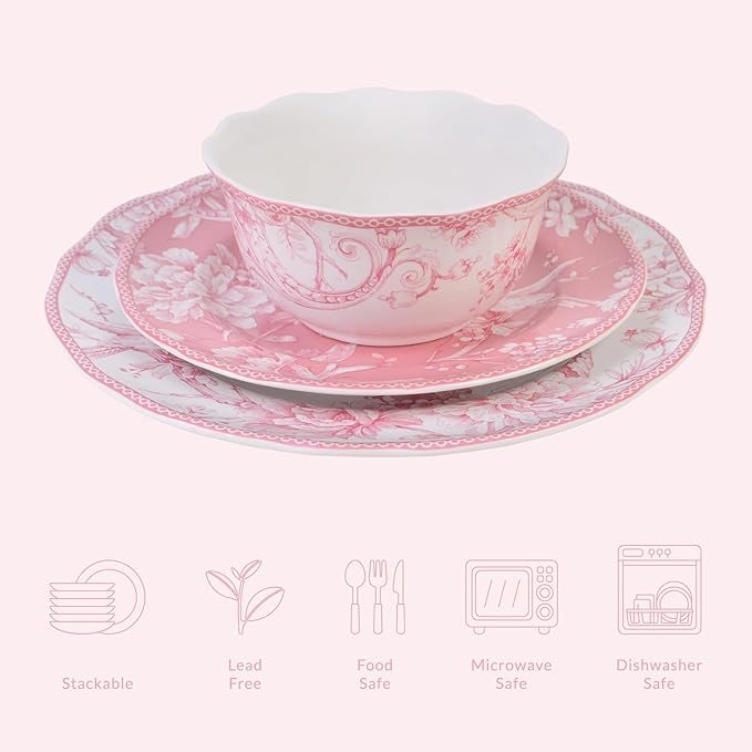 222 Fifth Adelaide Blush 12-Piece Pink Porcelain Dinnerware Set – Service for 4 Big Dinner Plates and Bowls Sets White with Pink Floral Pattern for Daily Entertainment Microwave &amp Dishwasher S