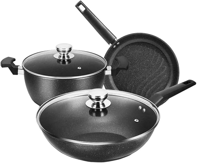 Cooking Pot Non Stick Cookware Sets3 Piece Stone-Derived Pots and PansFrying Pan and Saucepan Set for BakingBroilingFryingRoasting