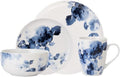 Pemberly Row Modern Porcelain Dinnerware Set 16 Pieces Midnight Roses Design White and Blue Microwave and Dishwasher Safe Chip Resistant Lightweight Stackable Plates Bowls Mugs for Dining