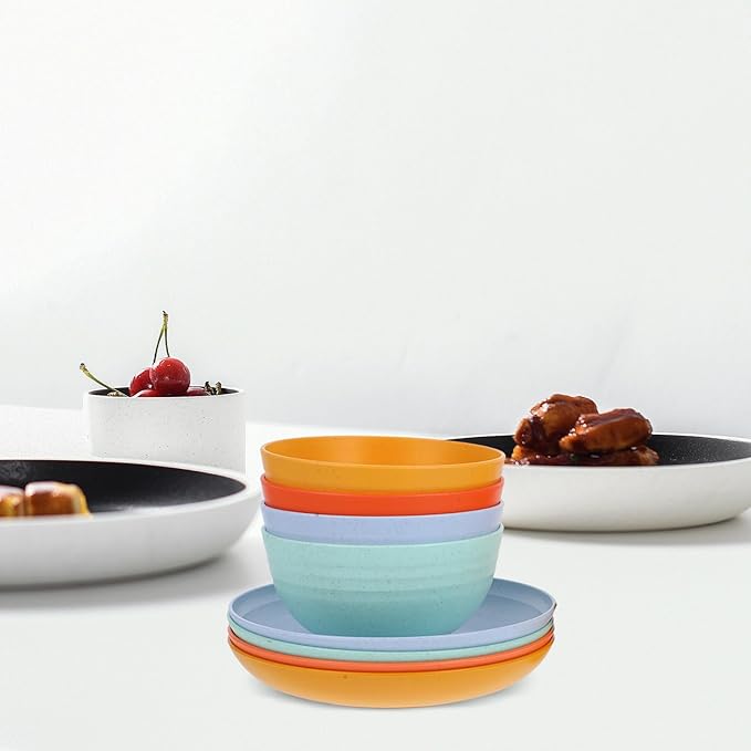Generic Wheat Straw Dinnerware Set 12pcs Microwave Safe Plates and Bowls for Reusable Unbreakable Kitchen Bowls and Plate Set for Outdoor Camping