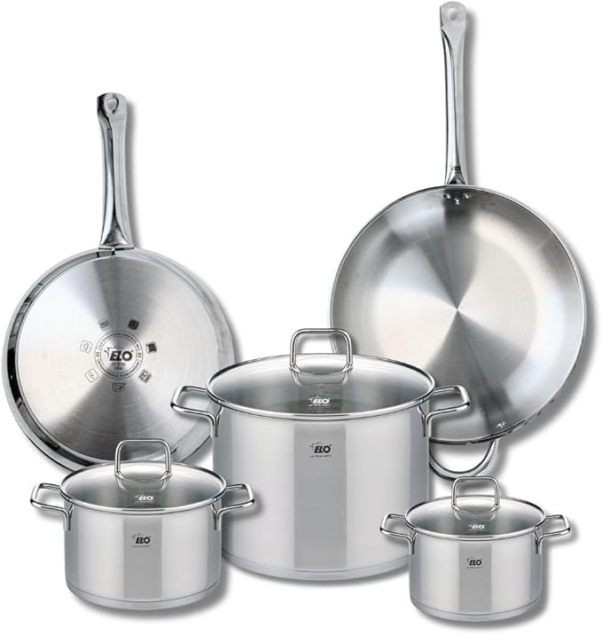 ELO 9510150 Cookware Set 5 Pieces 2 Frying Pans 28 and 32 cm and 3 Saucepans 16 20 and 26 cm Elo Profi Citrine Stainless Steel Induction