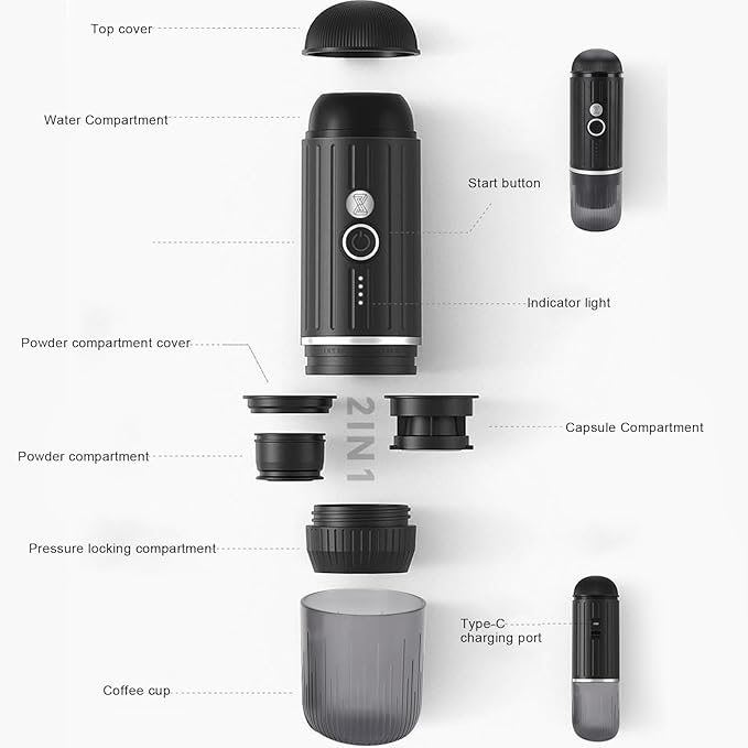 Portable Electric Coffee Machine Automatic Travel Coffee Maker for Camping Car Coffee Maker Cordless Heating Compatible with Ground Coffee Capsule