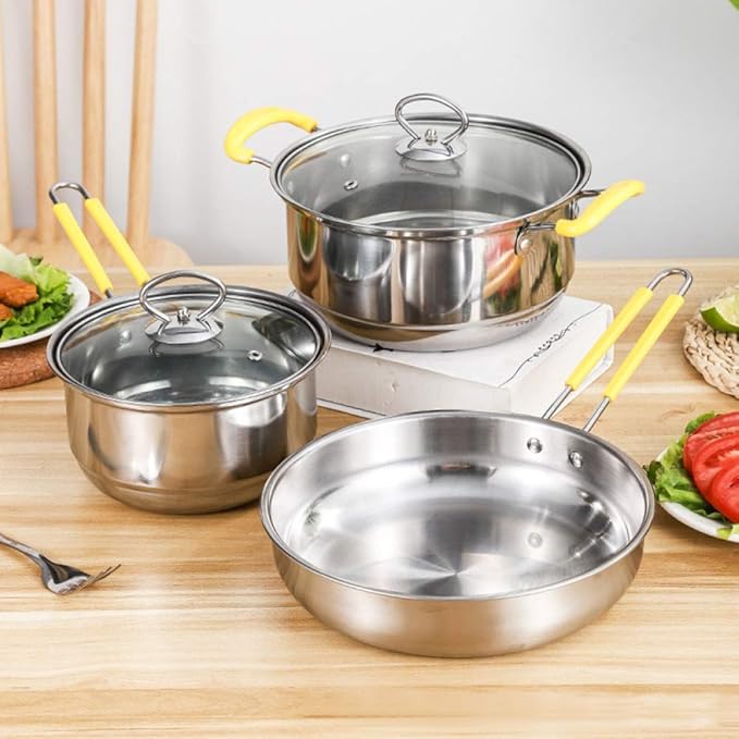 Pots and Pans Sets Pots and Pans3 Piece Non Stick Cookware SetsStainless Steel Induction Cooking Pans Set (24Cm-Frying Pan 22Cm-Saucepan 18Cm-Milk Pan) (Yellow Variety Pack)