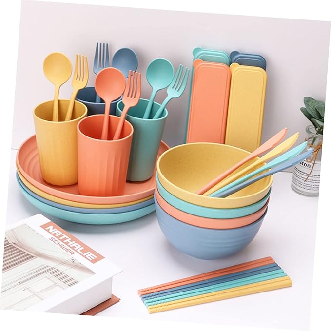 PRETYZOOM 4Sets Portable Wheat Straw Tableware Creative Kitchen Supplies for Rice Soup and Salad Microwave Safe Dinnerware Set with Bowls Plates and Cutlery for Home
