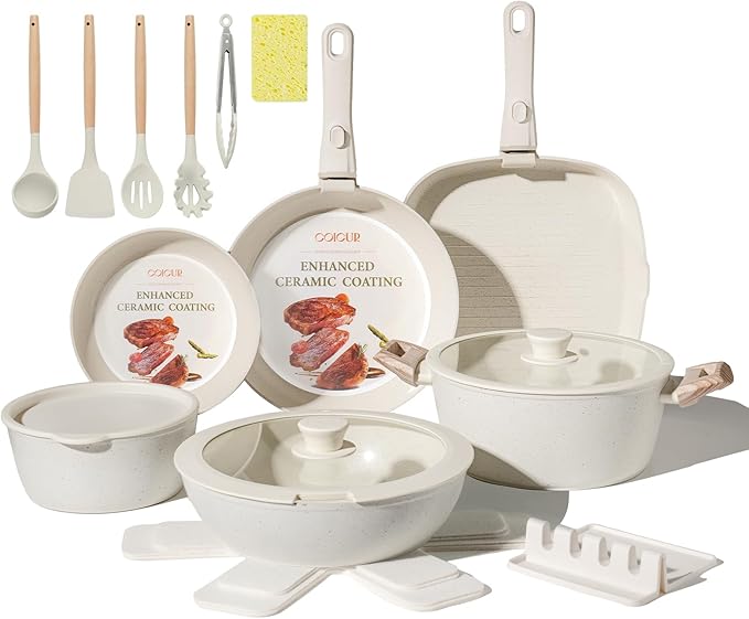 23Pcs Ceramic Cookware Set Non Stick Pots and Pans Set Non Toxic with Detachable Handle Induction Kitchen Cookware Set Space Saving Oven &amp Dishwasher Safe Cream White
