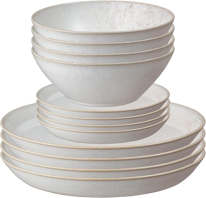 Denby Kiln Coral 12 Piece Dinner Set For 4 - Pink Dishwasher Safe Ceramic Tableware Set - Dinner Plates Side Plates Cereal Bowls - Durable Stoneware - Versatile Tableware for Family Dining