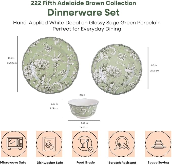 222 Fifth Adelaide Sage 12-Piece Green Porcelain Dinnerware Set – Service for 4 Big Dinner Plates and Bowls Sets Green with White Floral Pattern for Daily Entertainment Microwave &amp Dishwasher