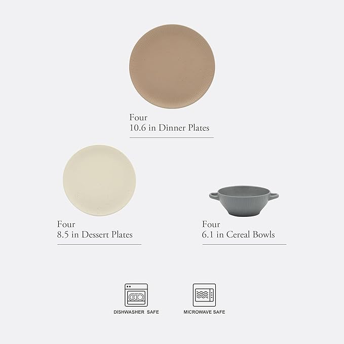 Gibson Elite Clover Hill 12-Piece Stoneware Dinnerware Set – Assorted Colors in Sage Green Charcoal Taupe &amp Cream – Embossed Reactive Glaze Plates &amp Bowls Microwave &amp Dishwasher Safe S