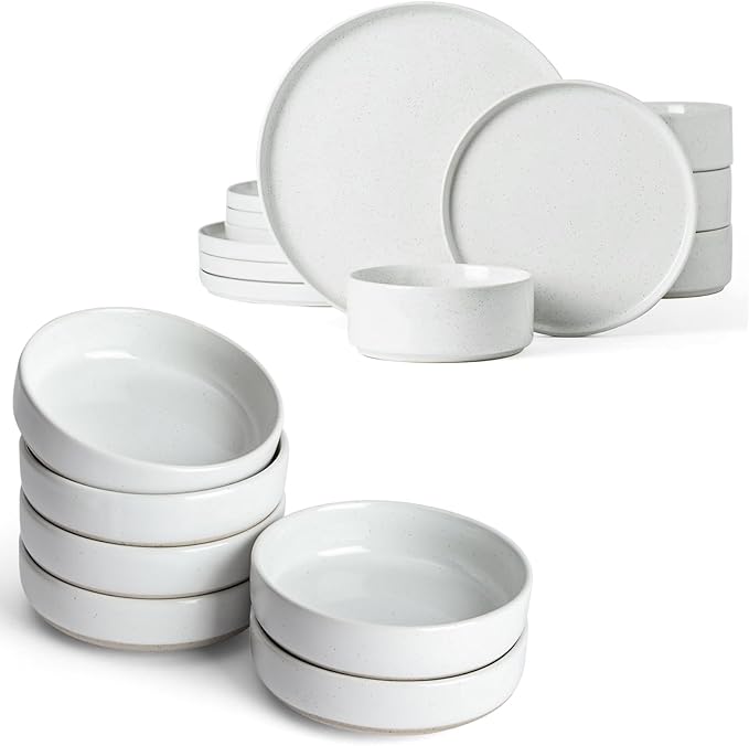 Famiware Nebula Plates and Bowls Set of 12 and Milkyway 4oz Dipping Bowls Set of 6 18 Pieces Dinnerware Sets White