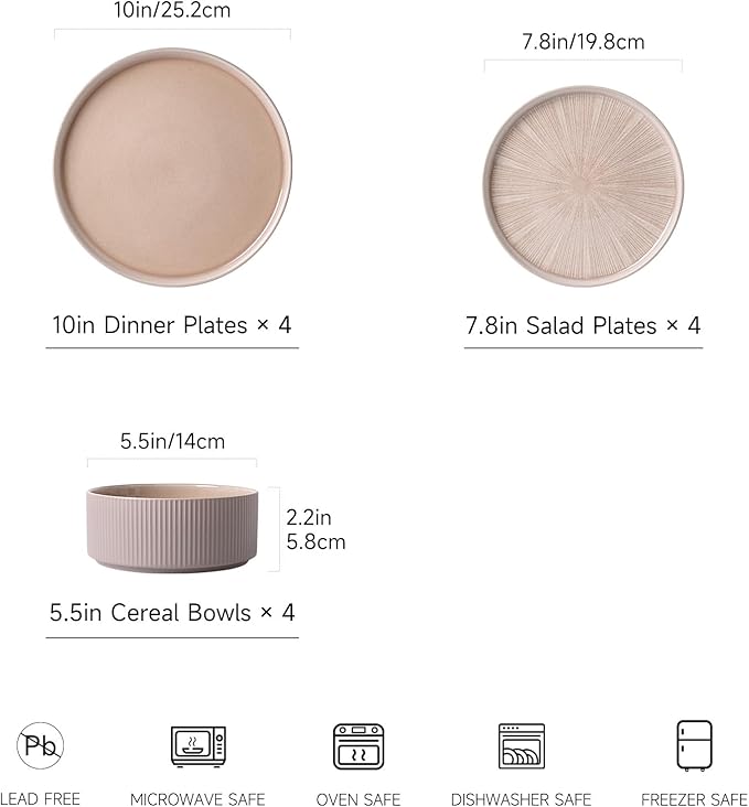 Dinnerware Sets for 4 Ceramic Plates and Bowls Set 12 Piece Dinnerware Chip Resistant Stoneware Dishwasher and Microwave Safe-Brown