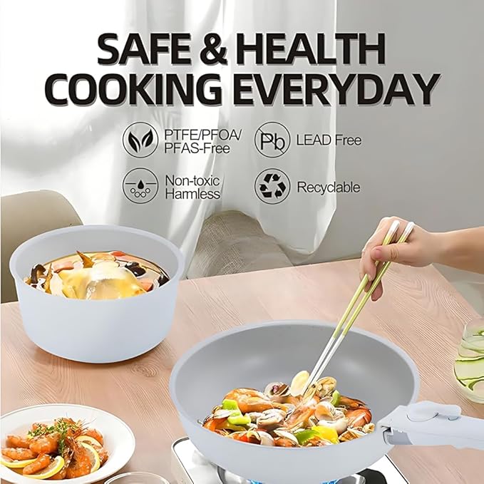 Cookware Set 15Piece Gourmetific Cookware Detachable Handle Set Nonstick Maifan Cookwares Sets Stackables Non-Stick Ceramic Coating PFOA FreeOven Safe