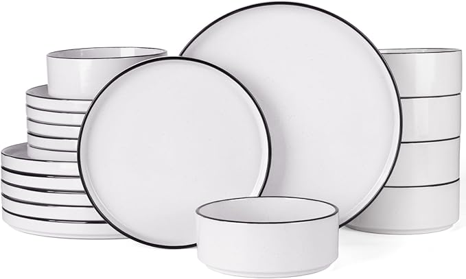 Famiware Nebula Plates and Bowls Sets 18 Pieces Dinnerware Sets Dishes Set for 6 White with Black Rim