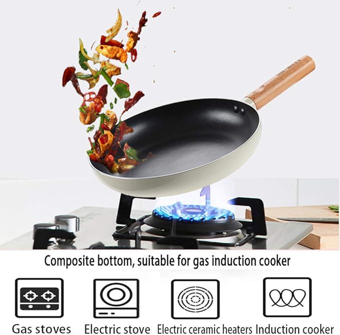 Cookware Set Flat-Beneath Non-Stick Pan with Lid Wooden Handle Aluminum Three-Piece Set Suitable for and Cooker Easy to Clean Pot Set