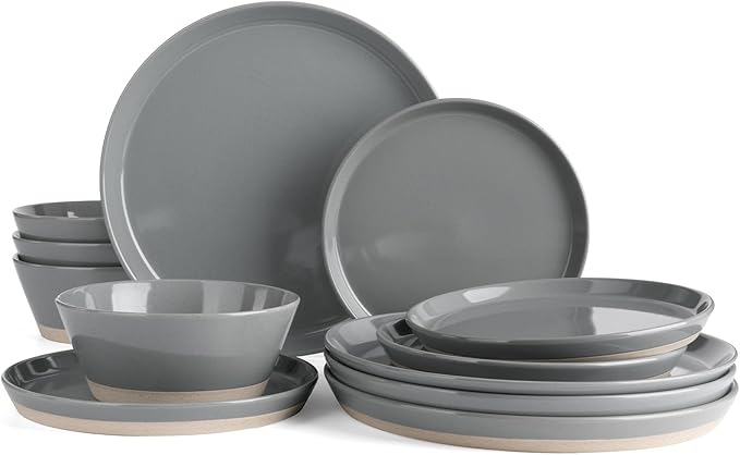 Famiware Saturn Dinnerware Sets for 4 12 Pieces Stoneware Plates and Bowls Dish Set - Chip and Scratch Resistant Microwave and Dishwasher Safe Tableware Dark Gray