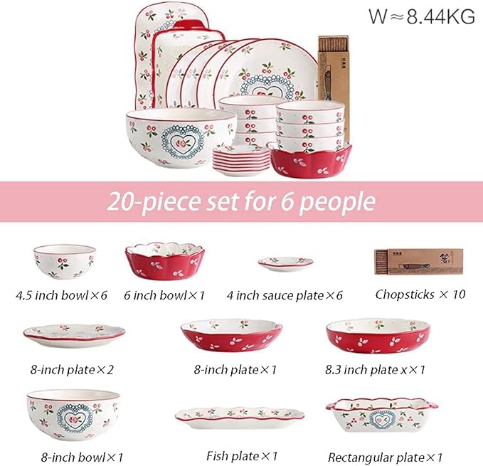 Japanese Style 20 Piece Dinnerware Set Cute Cherry Decal Porcelain Serves 6 Plate Set