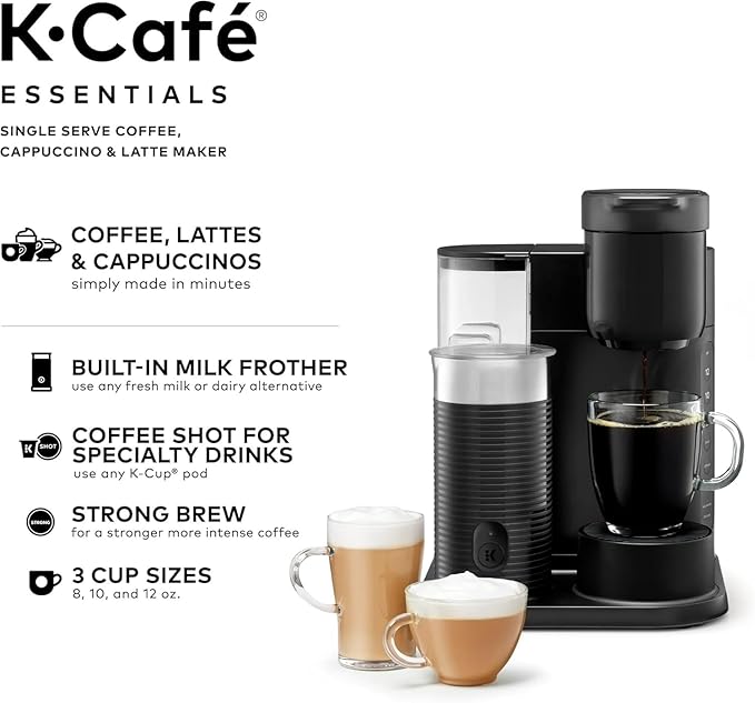 Keeurig K-Café Single Serve Coffee Maker Built-In Milk Frother Latte &amp Cappuccino Brewer Espresso Shot 3 Brew Sizes 42 oz Water Reservoir Travel Mug Friendly Compact Design (Black 42oz)