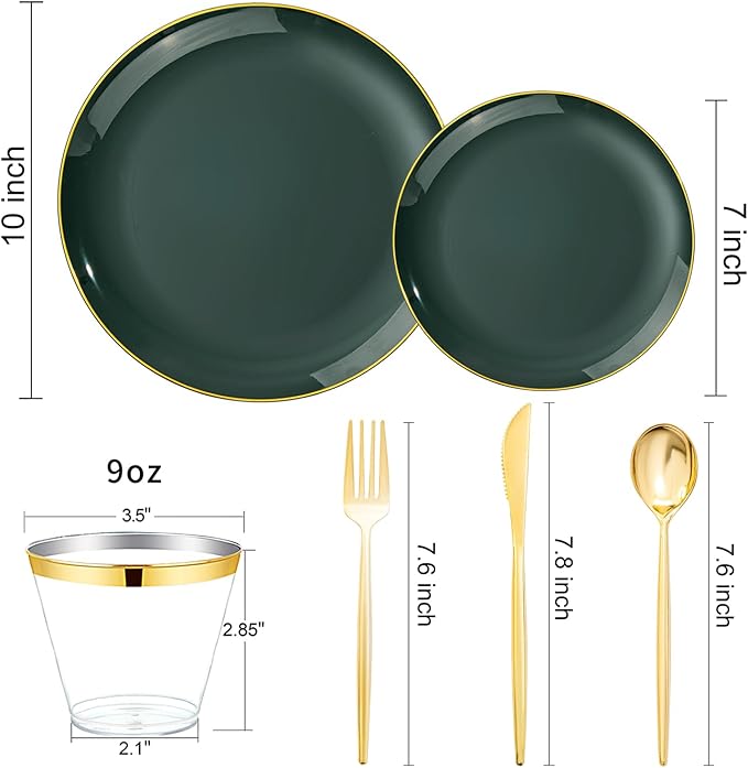 bUCLA 150PCS Green Plastic Plates - Green and Gold Disposable Include 25 Each (Dinner &amp Dessert) Plates 25 Knives 25 Forks 25 Spoons and 25 Cups Ideal for Party&ampChristmas