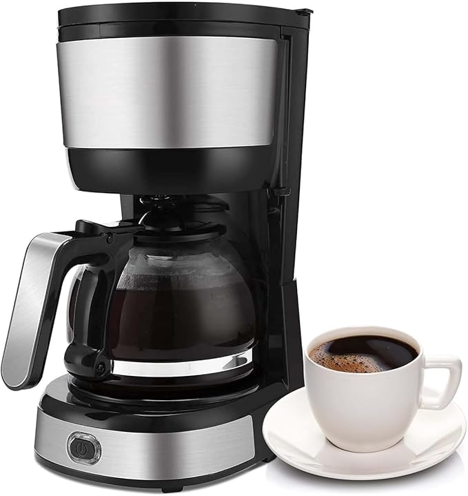 Royal 4 Big Cups Drip Coffee Maker 600 Ml Borosilicate Glass Carafe Jar 750W Water tank with Level Indicator Brewer Machine with Cone Filter Auto Shut Off Stainless Steel Body Black
