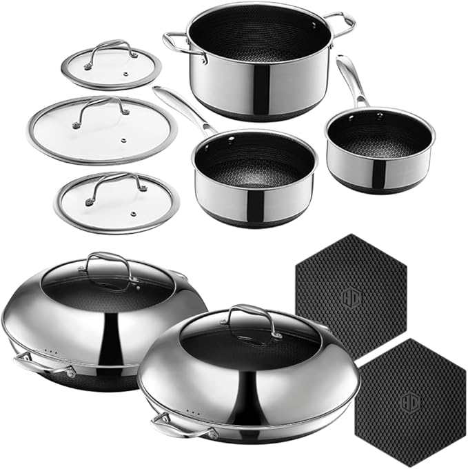 HexClad Hybrid Nonstick 12-Piece Cookware Set 14 Pan with Lid 14 Wok with Lid 2 3 and 8Qt Pots with Lids and 2 Silicone Trivets Stay-Cool Handles Dishwasher and Oven-Safe Induction Ready