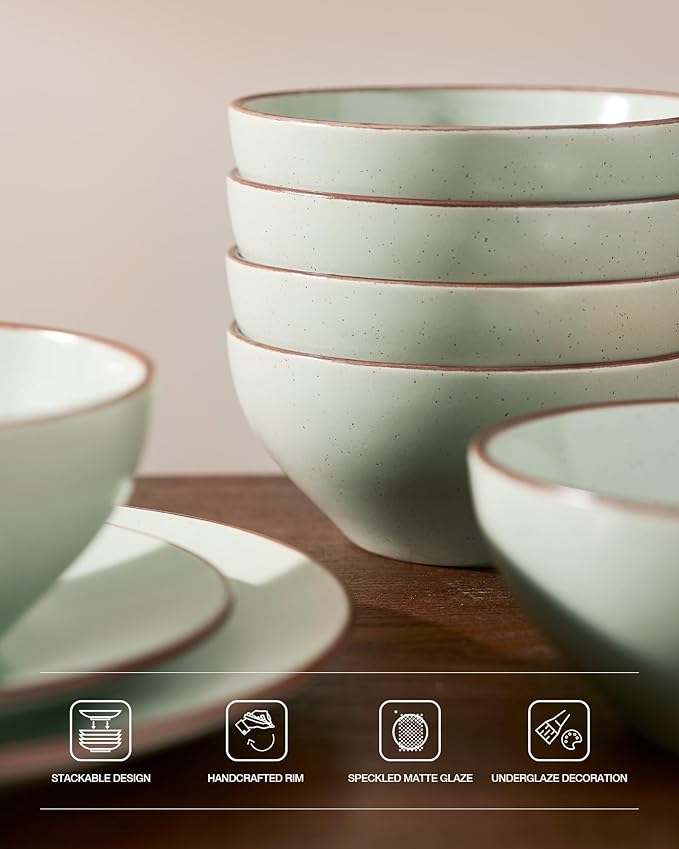 Famiware Venus Plates and Bowls Sets 24 Pieces Stoneware Speckled Dinnerware Dishes Set for 8 Light Green - Microwave &amp Dishwasher Safe Modern Minimalist for Everyday Meals &amp Formal Dining