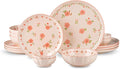 16 Pieces Gourmet Porcelain Dinnerware Sets Premium Plates and Bowls Set High-Fired Ceramic Dishes Set for 4 Microwave Dishwasher Safe Pink Peach Blossom Pattern.