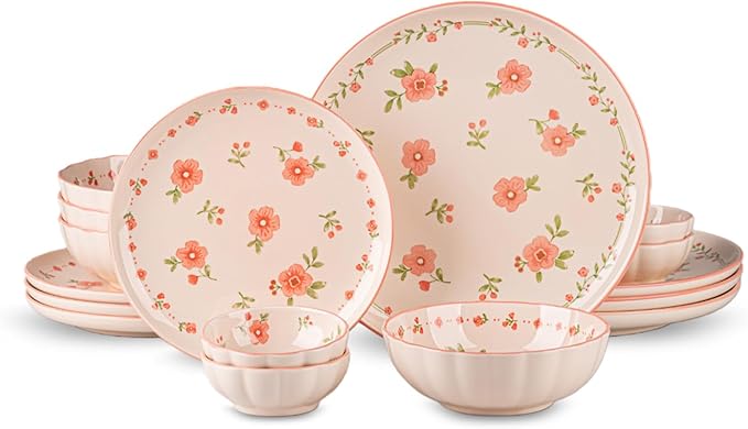 16 Pieces Gourmet Porcelain Dinnerware Sets Premium Plates and Bowls Set High-Fired Ceramic Dishes Set for 4 Microwave Dishwasher Safe Pink Peach Blossom Pattern.