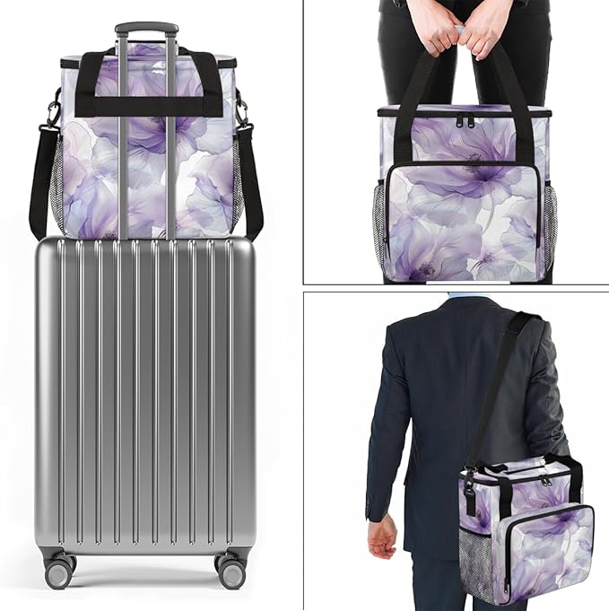 Purple Floral Travel Coffee Maker Carrying Bag Colorful Flower Large Organizer Storage Tote Bag Insulated Reusable Cooler Lunch Bags