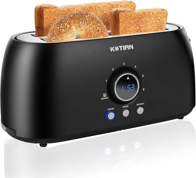 Toaster 4 SliceKOTIAN Retro Long Slot Toasters with Countdown TimerStainless Steel ToasterBagelDefrostReheatCancel FunctionsExtra Wide Slots6 Toast SettingsRemovable Crumbs TrayMatte black