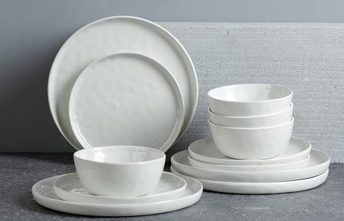 Famiware Mars Plates and Bowls Set of 12 and Milkyway Kitchen Utensil Holder for Countertop Set of 2 14 Pieces Dinnerware Sets White