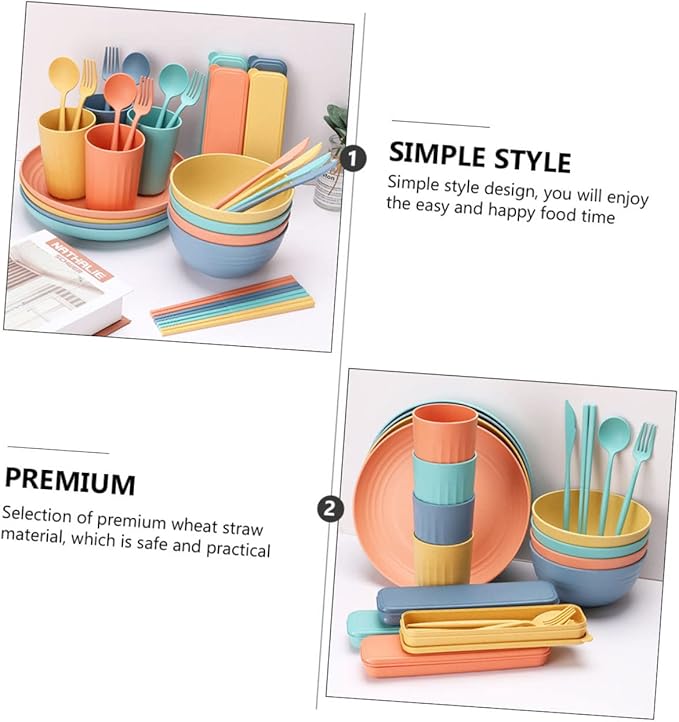 PRETYZOOM 4sets Portable Straw Cutlery Set Microwavable Bowls Lids Dinnerware Set for Outdoor Home