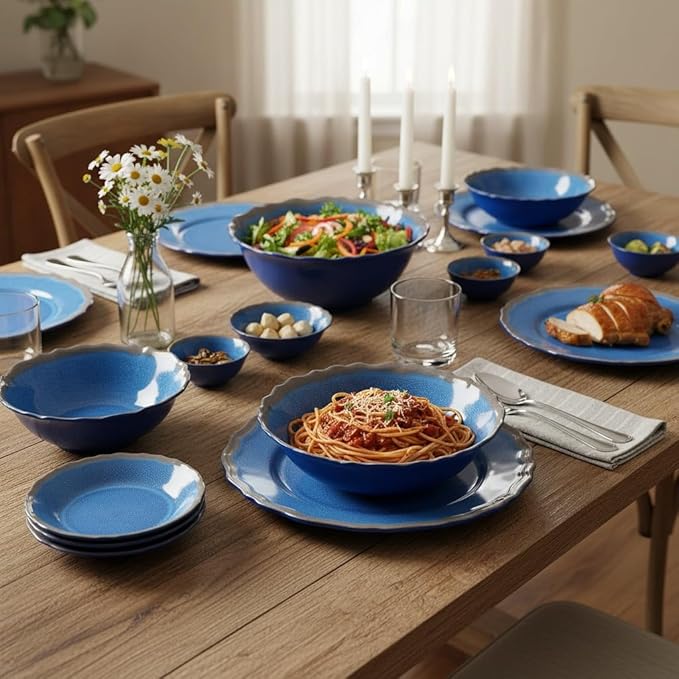 12-Piece Melamine Dinnerware Sets Lightweight &amp Durable Wave-Edge Design Blue Glossy Crackle Finish Dishwasher Safe Ideal for Outdoor Gatherings &amp Daily Use
