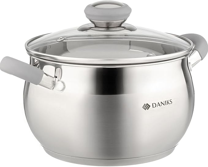 Daniks Modern 3 Quart Stainless Steel Stock Pot with Glass Lid Tri-Ply Bottom for Even Heating Induction Compatible Dishwasher Safe Heatproof Handles