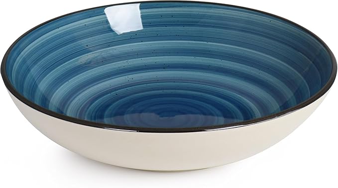 24-Piece Stoneware Dinnerware Set – Round Two-Tone Hand-Painted Dishes with Swirl Design Service for 6 Microwave &amp Dishwasher Safe Tableware (Dark Blue)