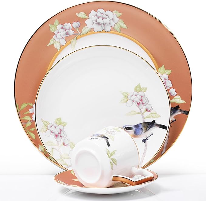 European Style Dinnerware Set Service for 6 Bone China Dinnerware Sets Unbreakable Porcelain Dinner Sets Coffee Cup and Saucer Tableware Set Steak Dinner Plates Dish Set flowers and birds-06