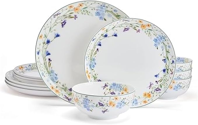 Mikasa Quinn Lightweight Bone China 12 Piece Dinnerware Plate Bowl Set Service for 4