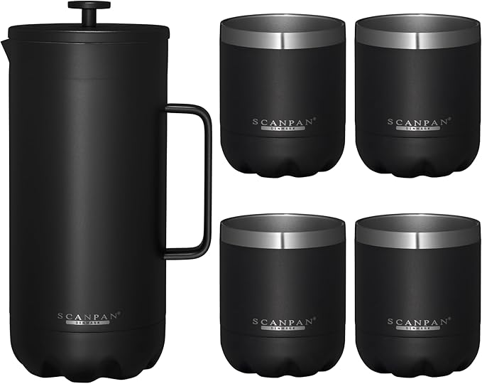 Scanpan TO GO French Press Coffee Maker 1.0L (Black) + 4 Vacuum Cups 250 mL (Black) - 18/8 Food Grade Stainless Steel - Scratch-Free Coating - Dishwasher Safe