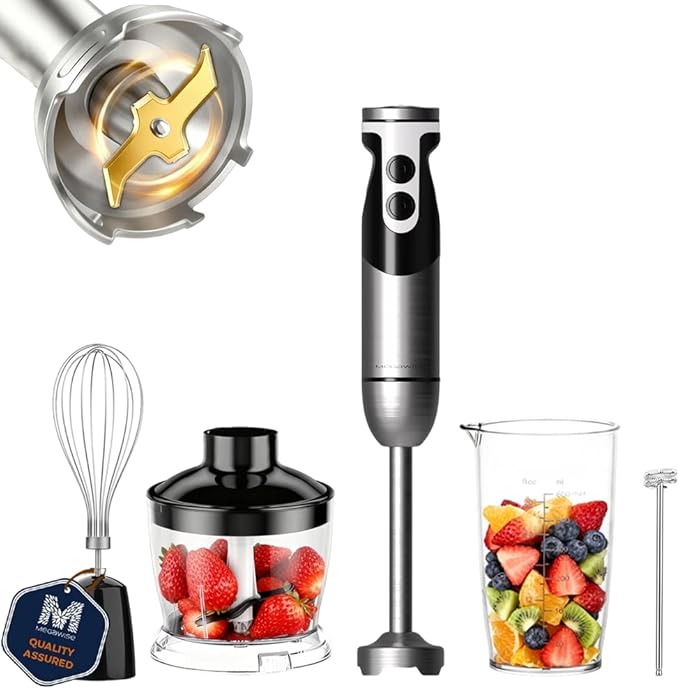 MegaWise Blender Handheld 12-Speed Stainless Steel Electric Hand Blender 5 in 1 Immersion Handheld BlenderTitanium Blades Hand Blender Milk Frother Wandwith 600ml Whisk Beaker and Chopper (black)