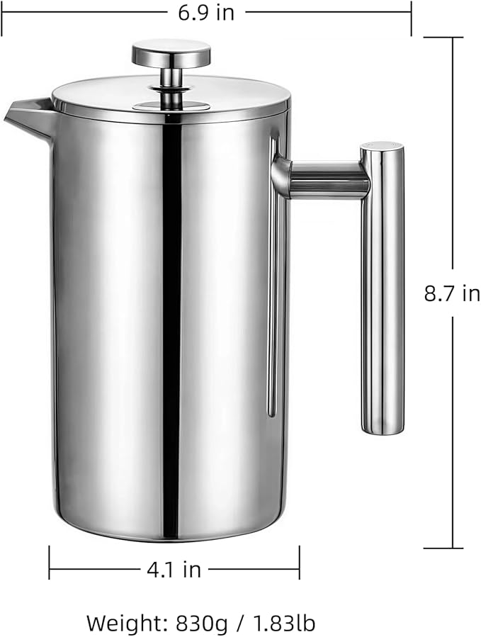 Travel French Press 34oz Stainless Steel Coffee Press for Camping Double Wall Insulated &amp No Drip Spout plastic free coffee maker