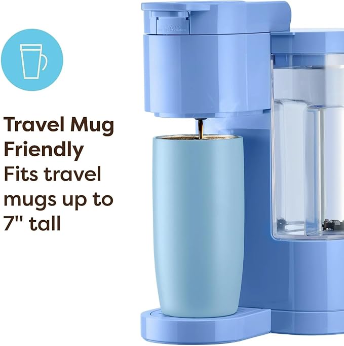 Express Essentials Single-Serve KCup Pod Coffee Maker 3 Cup Sizes Fast Fresh Brew 30oz Removable Water Reservoir Travel Mug Friendly Maintenance Alert Space-Saving (Blue)