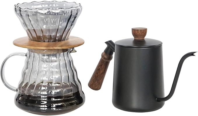 SOTECH Pour Over Coffee Maker Set with Black Gooseneck Kettle Wooden Pad Holder Coffee Dripper Server DIY Manual Portable Coffee Maker Set