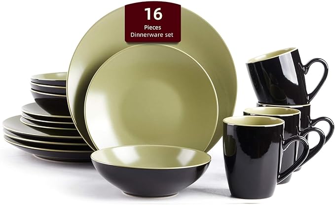 Stoneware Two-Tone Colors Life 16pc Dinner SetOutside Shiny Black + Inside Matte Glaze Olive